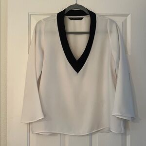Zara White Blouse with Black V-Neck